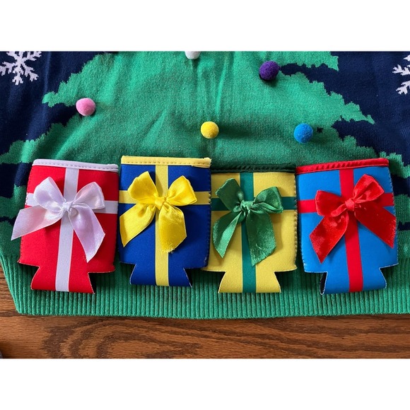 Tipsy Elves Ugly Christmas Sweater Xmas Tree 4 Drink Koozies Men's Large 3D - Picture 2 of 7